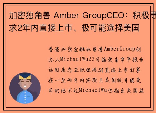 加密独角兽 Amber GroupCEO：积极寻求2年内直接上市、极可能选择美国